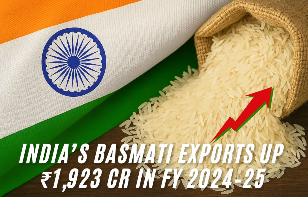 Indian Basmati rice export growth FY 2024–25 with country flags and rice sacks.